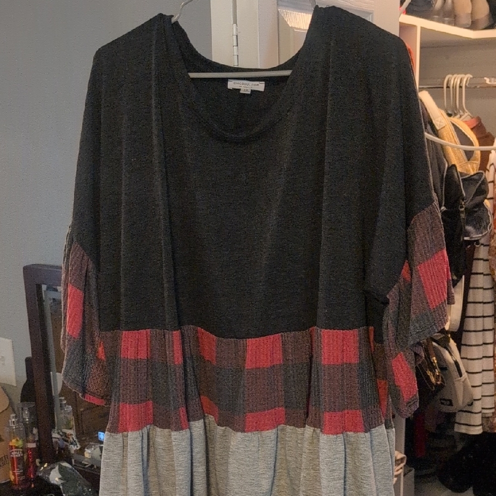 Gray and Red Plaid Tunic Top